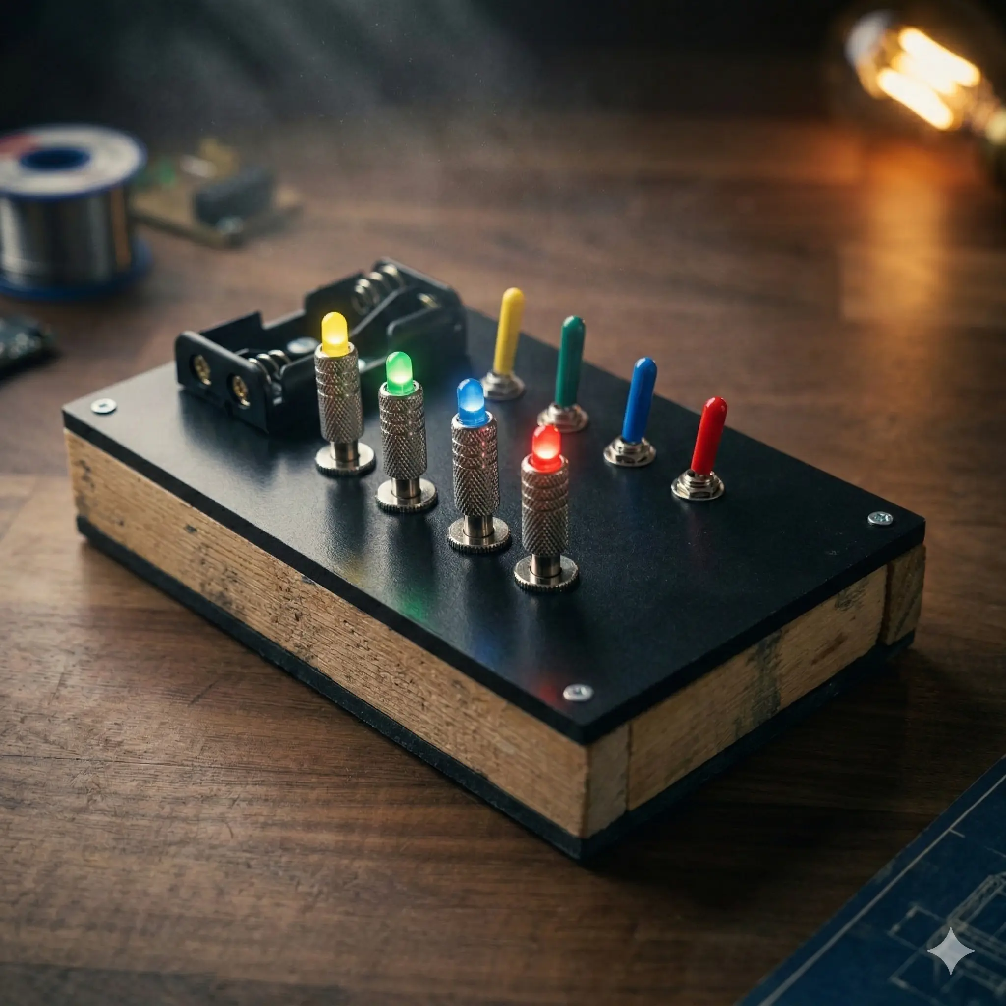 The Turing Box — handcrafted magic switchboard with 4 switches and coloured LEDs on a wooden desk